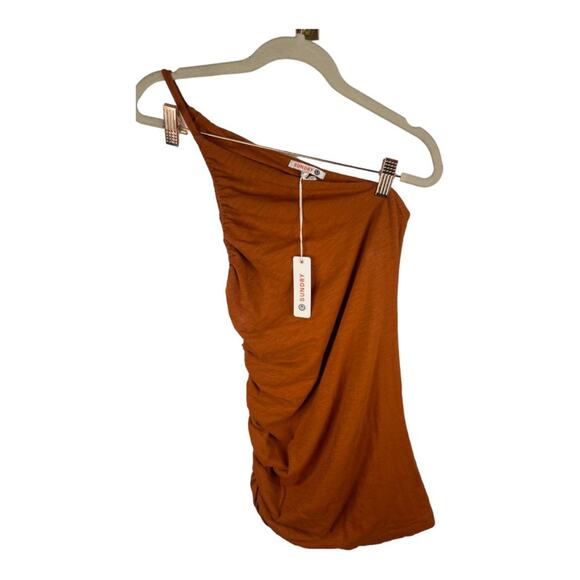 Sundry Asymmetrical Ruched Mini Dress Stretchy Jersey Lighweight Rust Boho Sz 0 - Picture 6 of 15